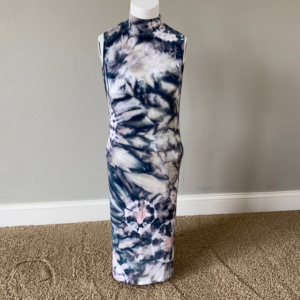 Brightly twisted hand dyed sleeveless mock neck dress